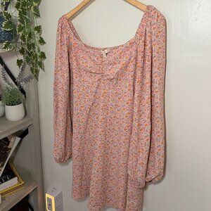 WAF Pink Floral Smocked Mini Dress Size M Boho Puff Sleeve